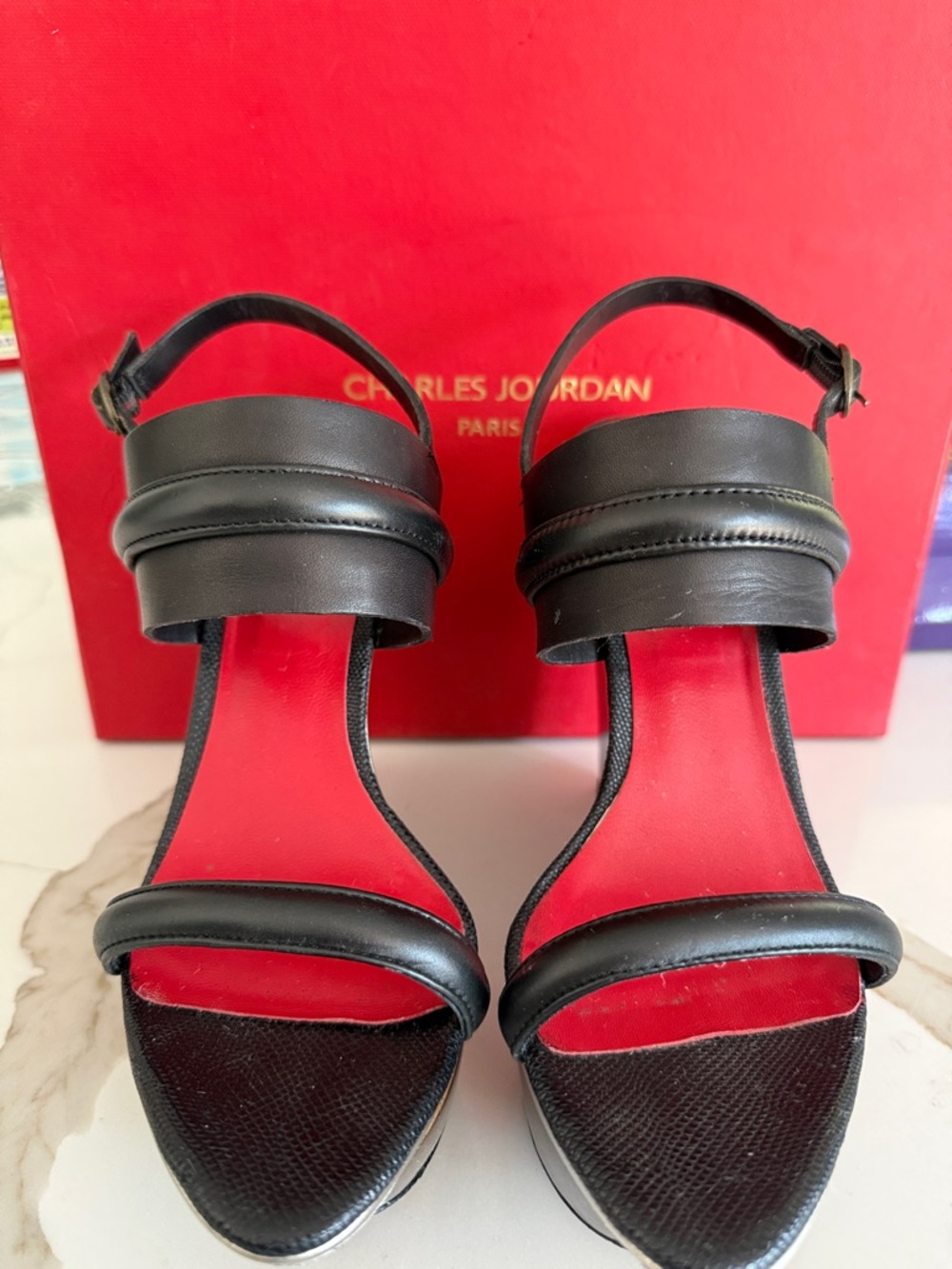 Charles Jourdan Black Sandals with Red Insole